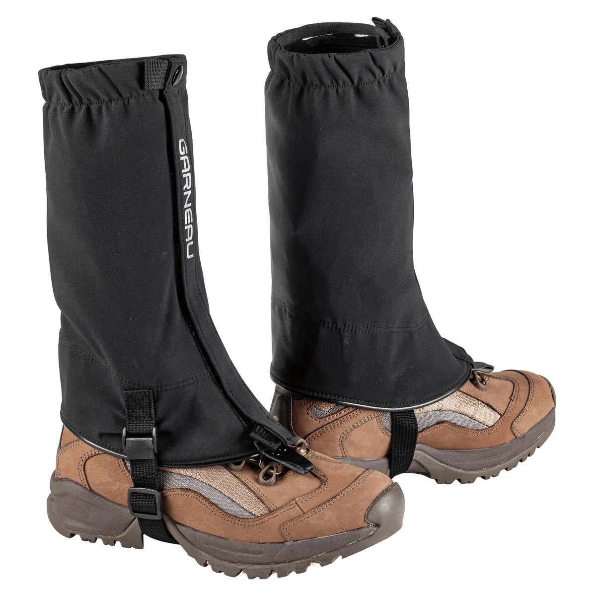 A pair of black HK-2001 gaiters over brown boots, designed for cross-country skiing and walking.