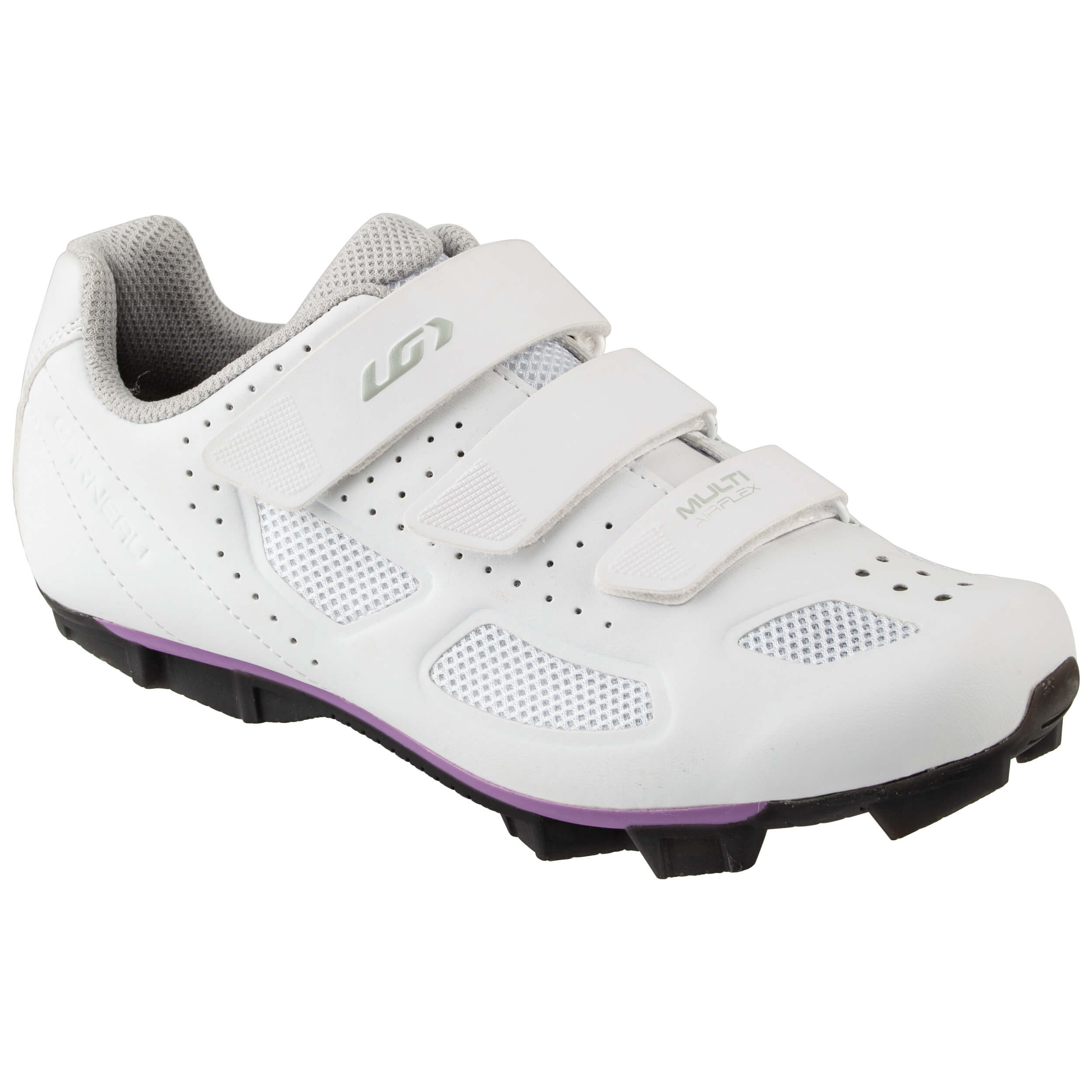 White cycling shoe with purple sole on a white background