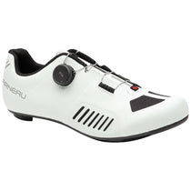 White cycling shoe with black accents on a white background