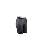Black cycling shorts with a subtle pattern on a white background