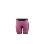 Pink cycling shorts with black logo on a white background