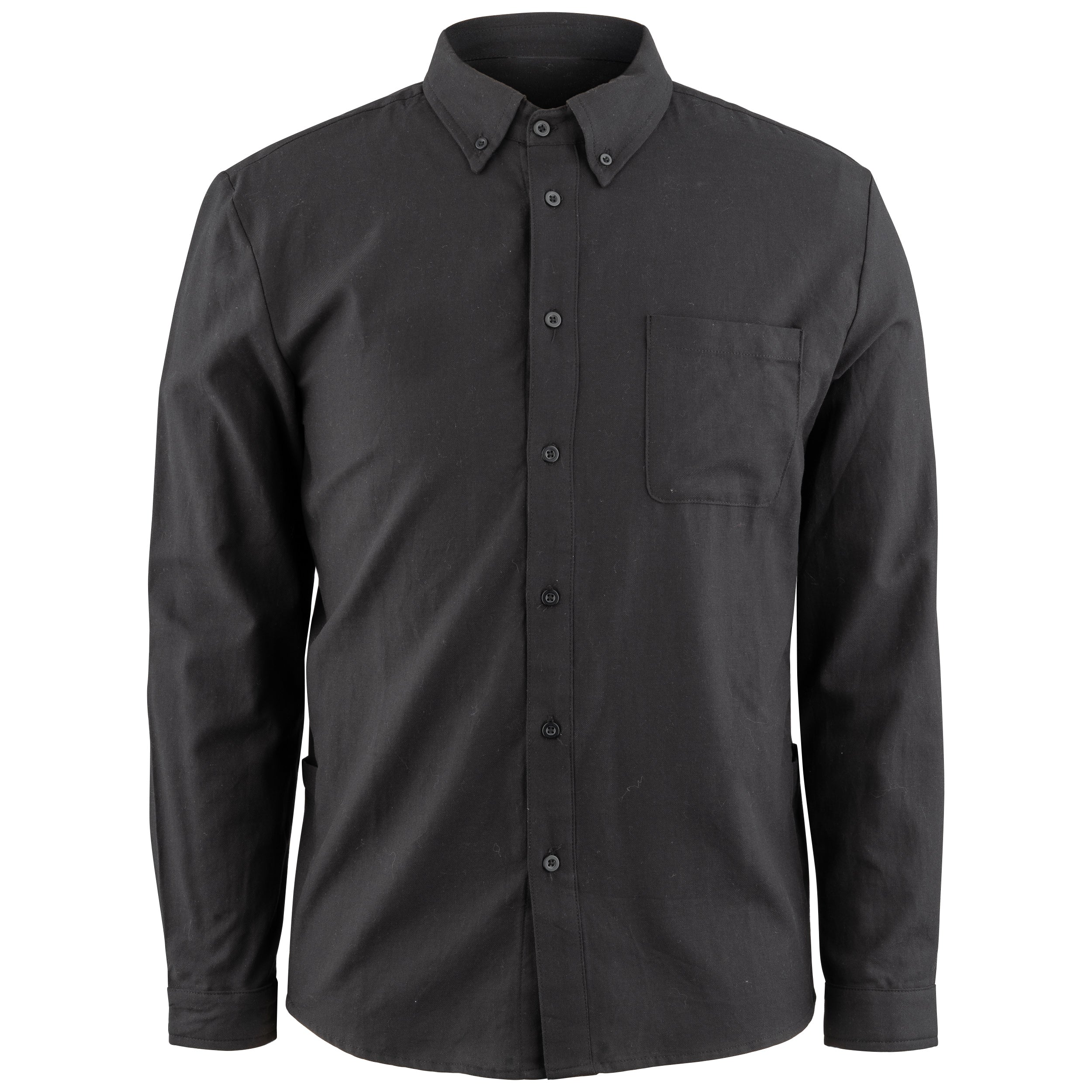Black button-up shirt on a white background