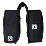 Black backpack with visible brand logo on a white background