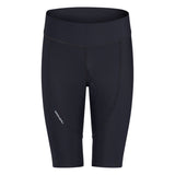 Black athletic shorts with a brand logo on a white background