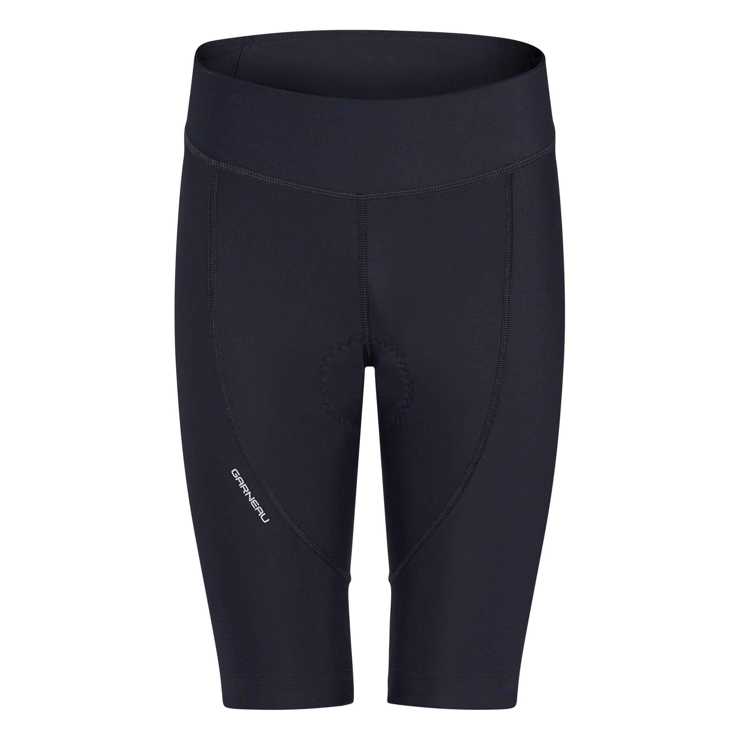 Black athletic shorts with a brand logo on a white background