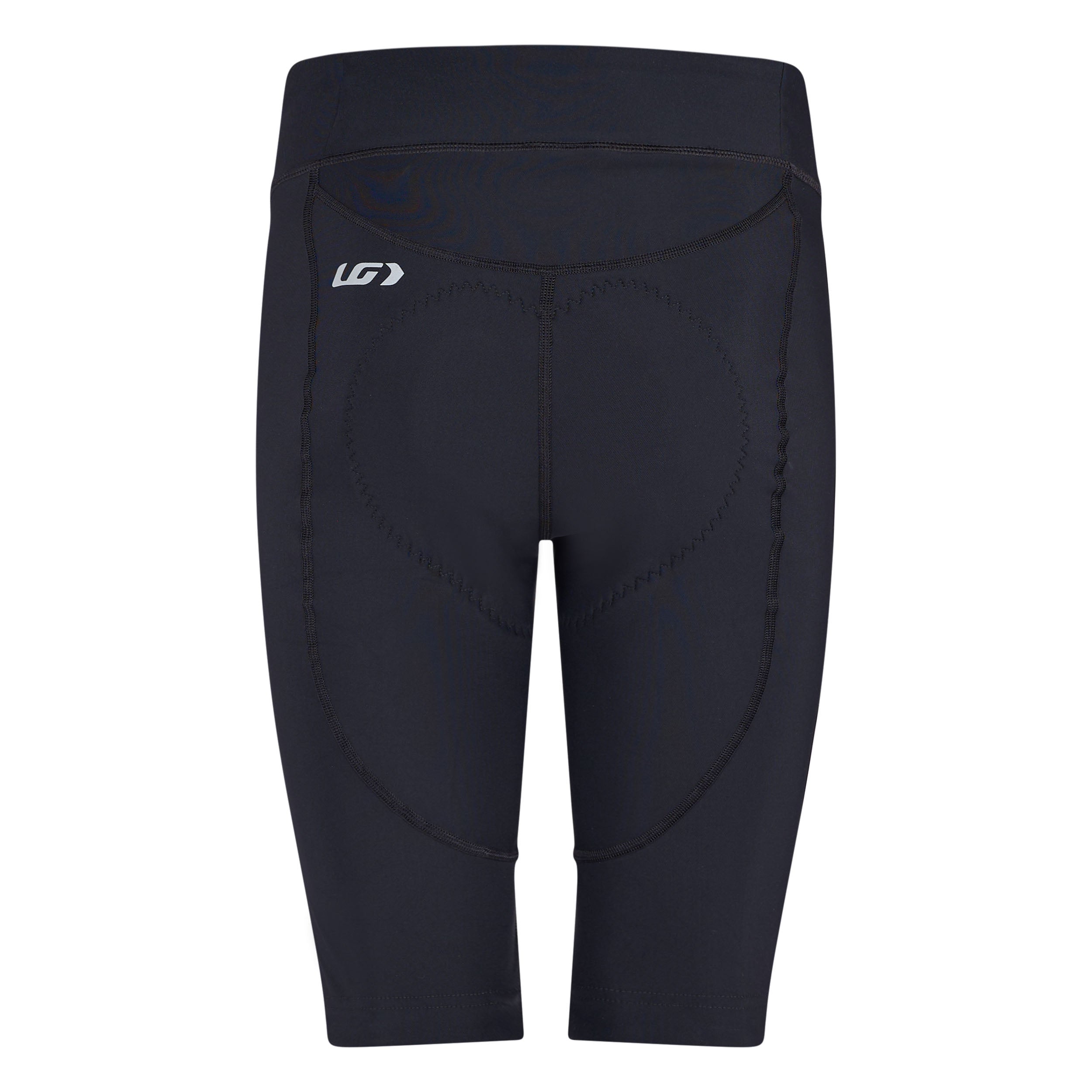 Black athletic shorts with a brand logo on a white background