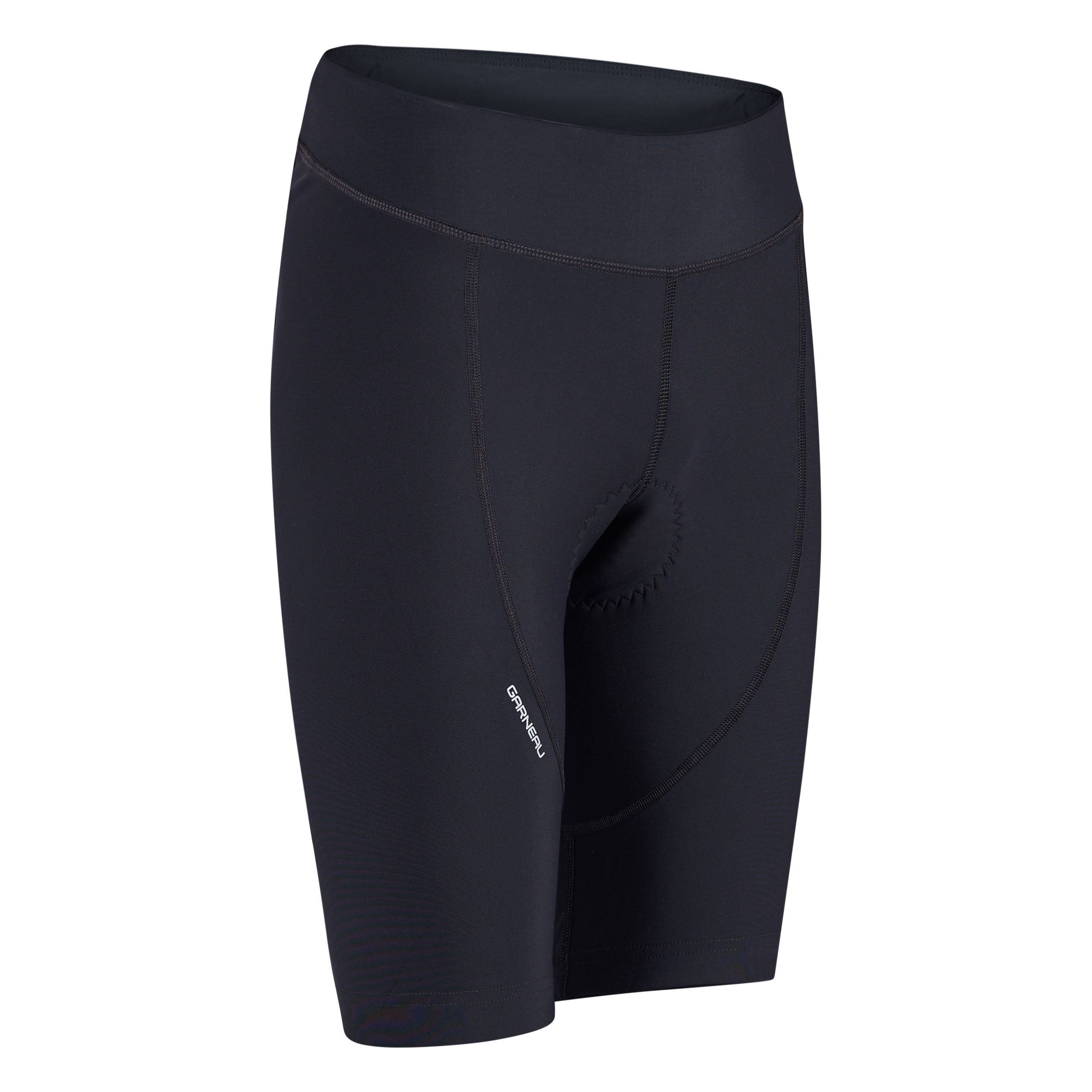 Black athletic shorts with a brand logo on a white background