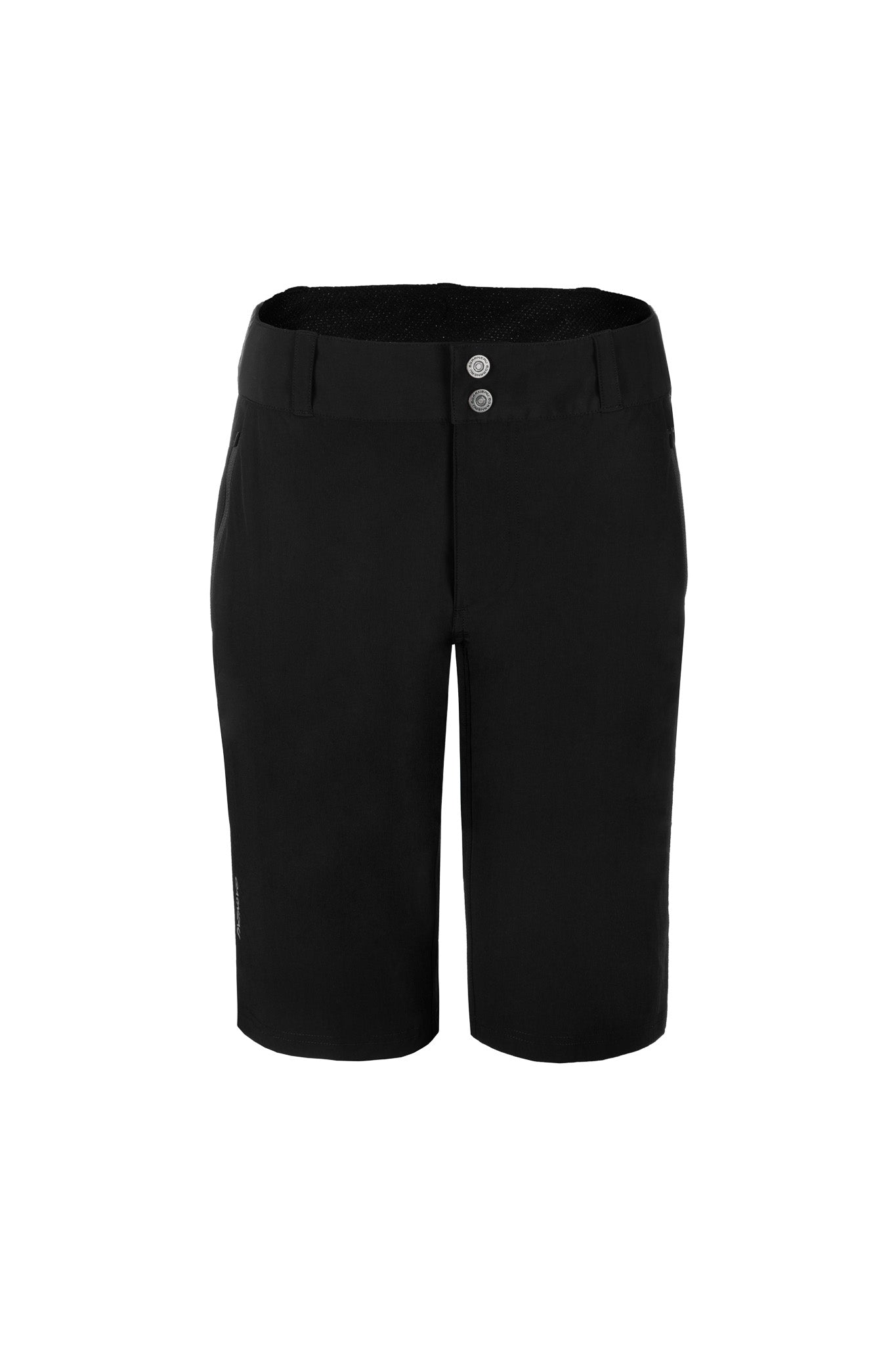 A pair of women's black cycling shorts with a secure waistband and front zippered pockets.