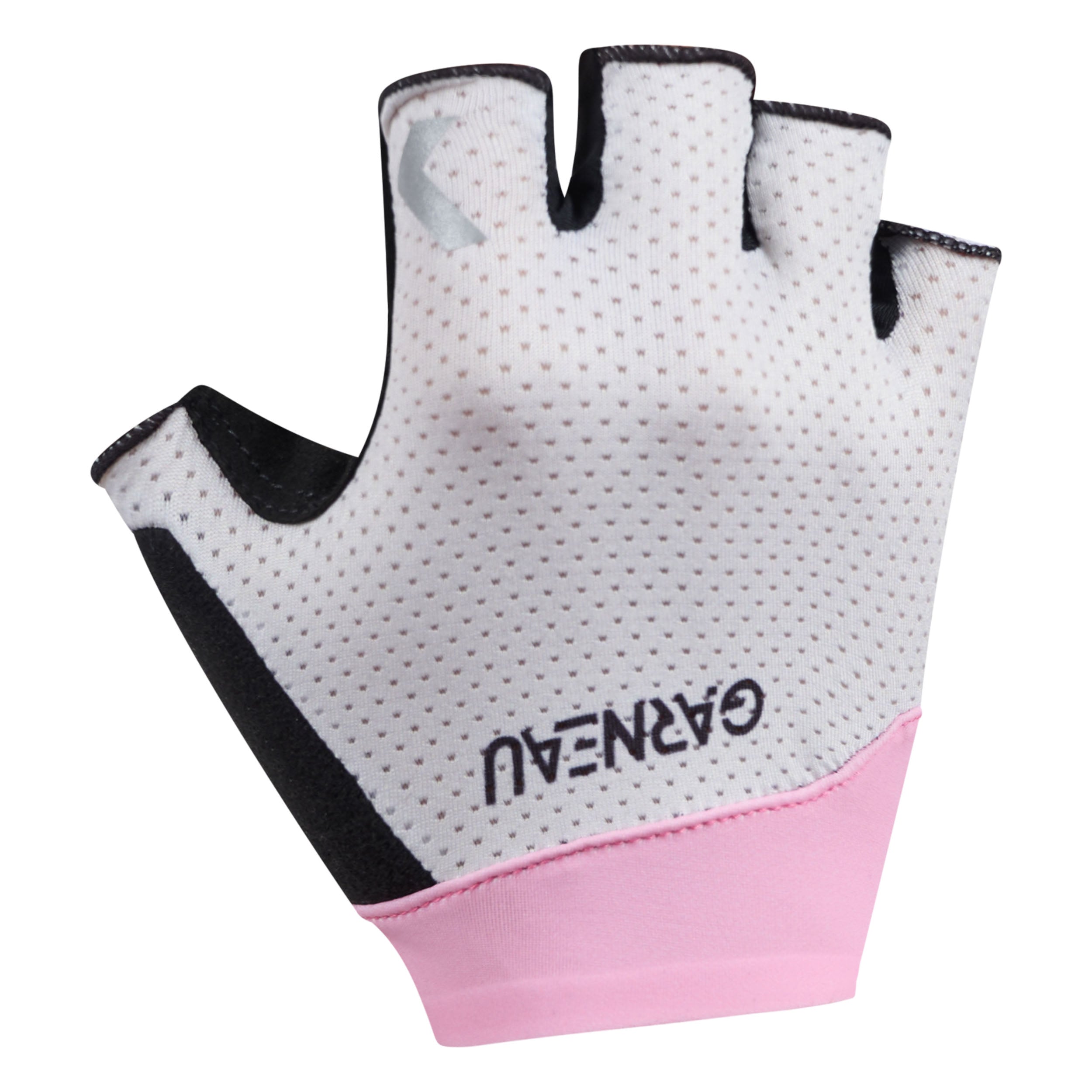 White cycling glove with black accents and pink cuff on a white background