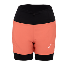 Cantaloup-colored athletic shorts with black accents on a white background