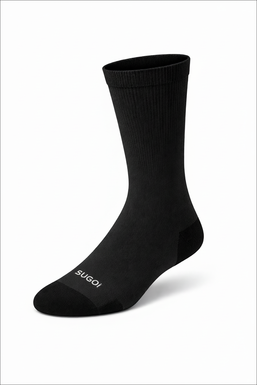 Black sock with 'SUGOI' branding on a white background