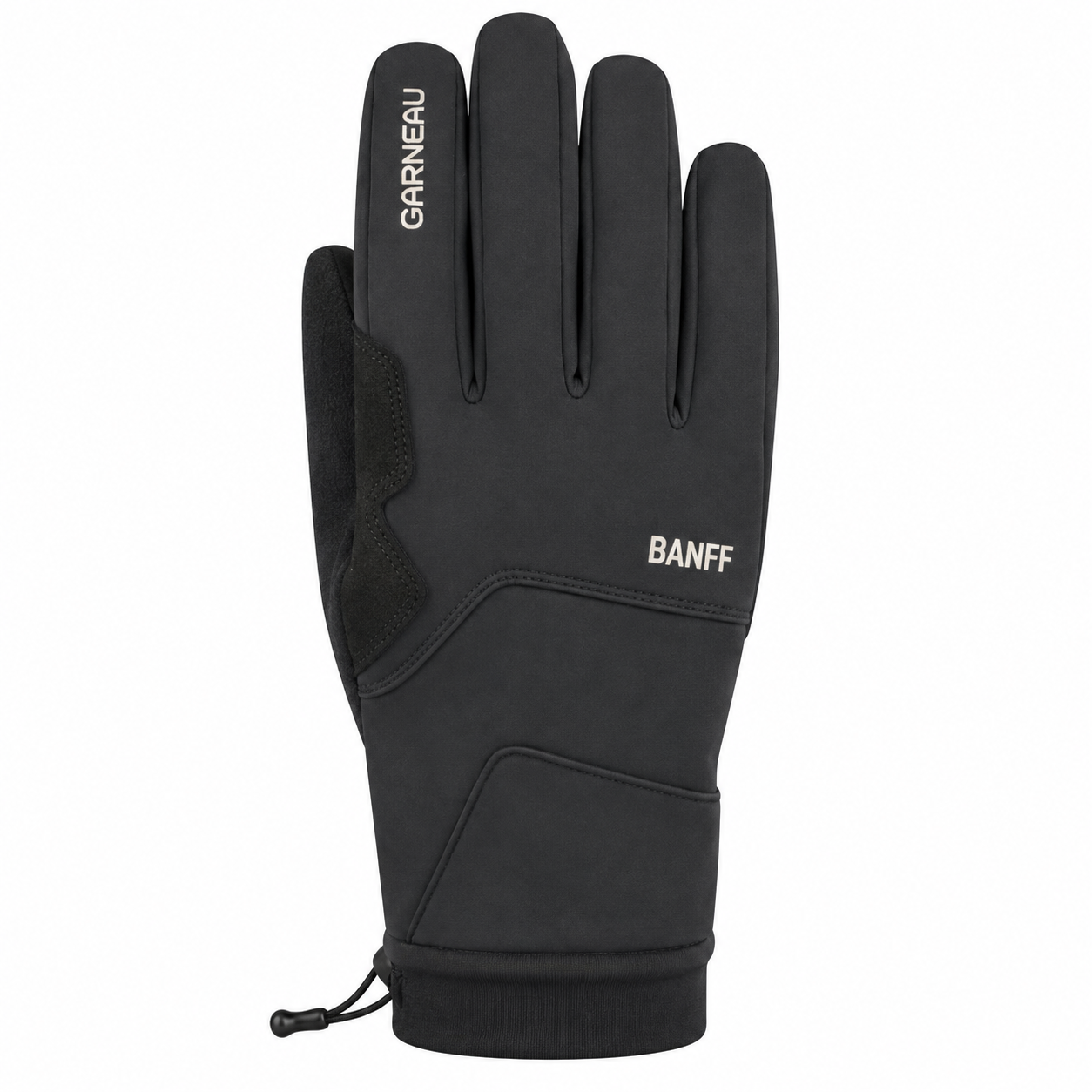 A single black outdoor glove shown from the back, featuring white text branding 'BANFF' and 'GARNEAU' on the back of the hand, with a drawstring at the wrist, set against a plain white background.